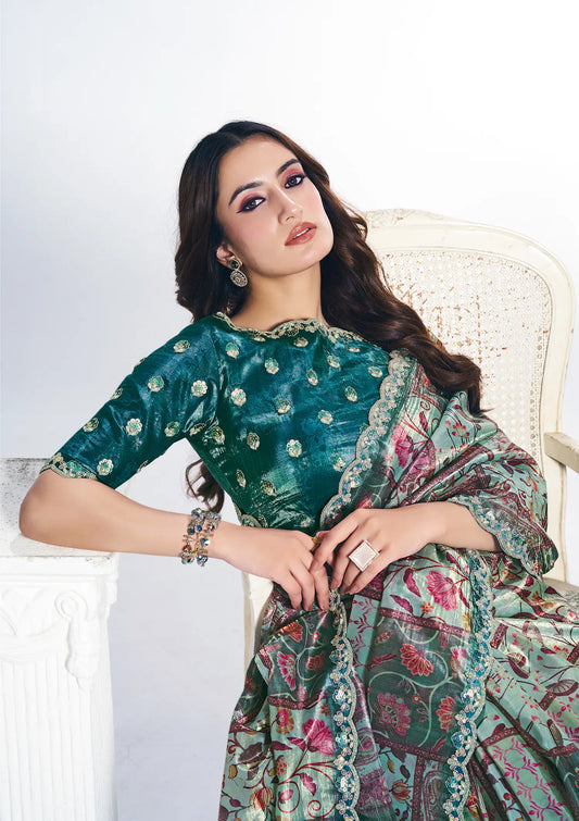 Green Paper Silk Saree With Print & Stone Handwork