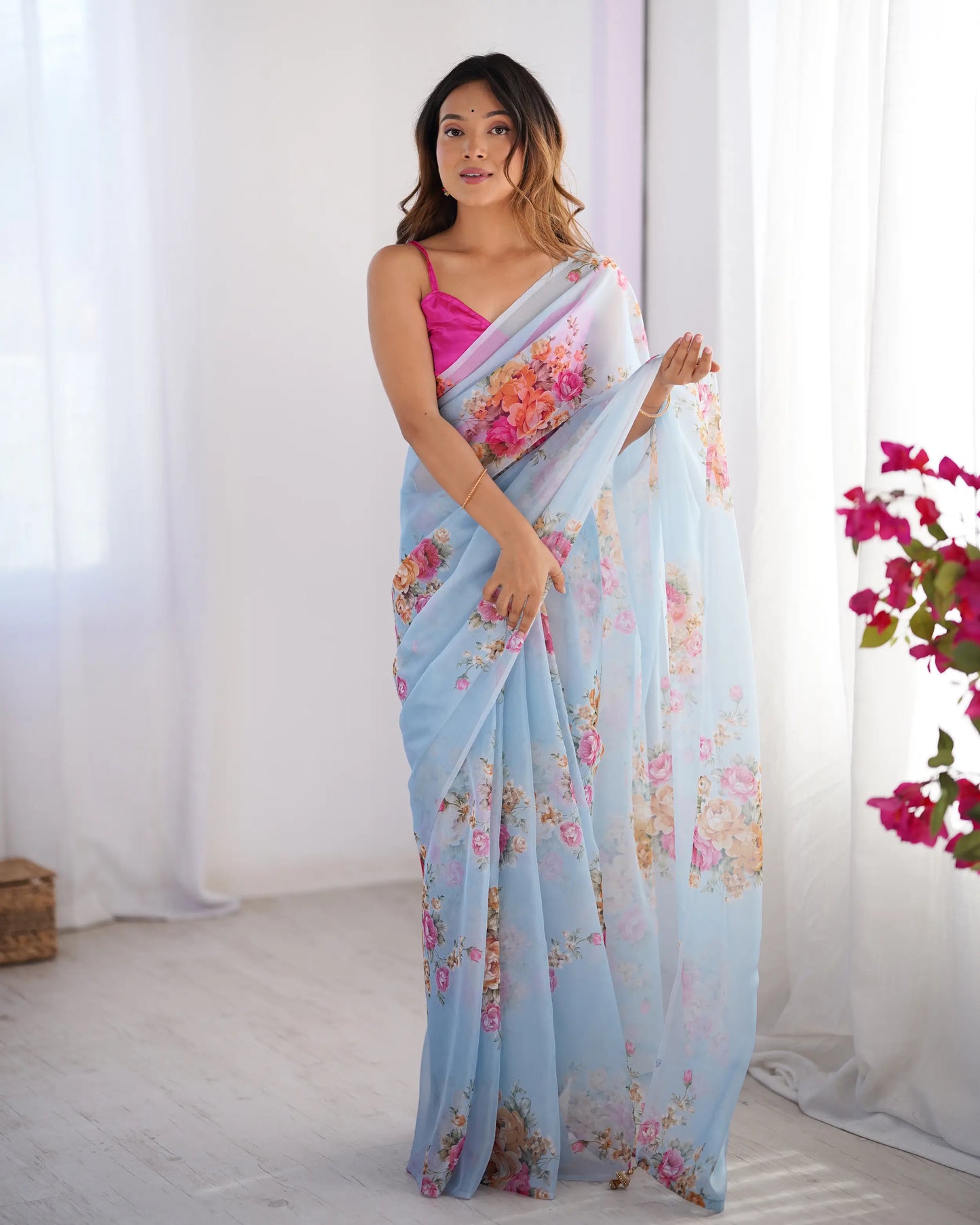 Sky Blue Floral Printed Organza Saree