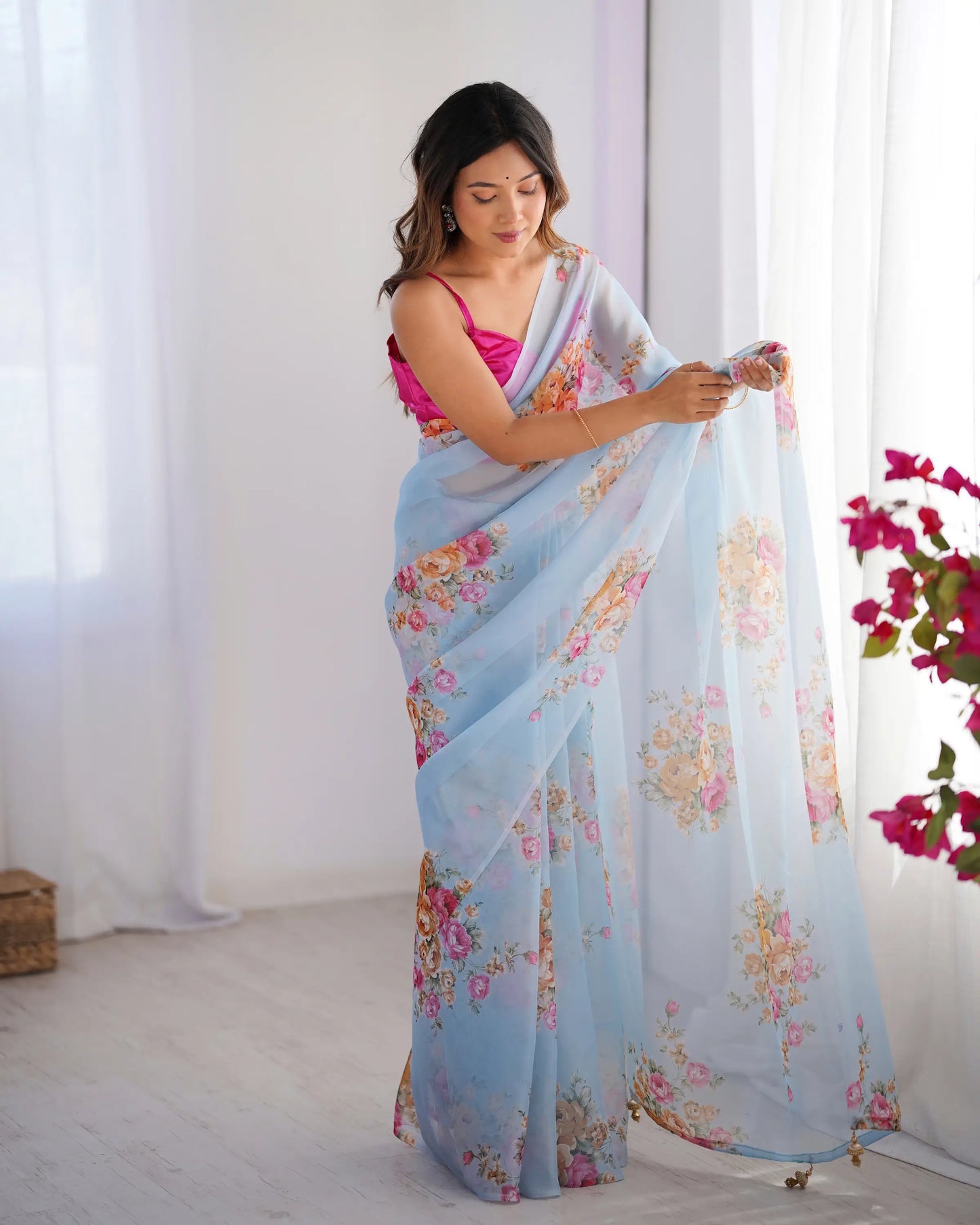 Sky Blue Floral Printed Organza Saree