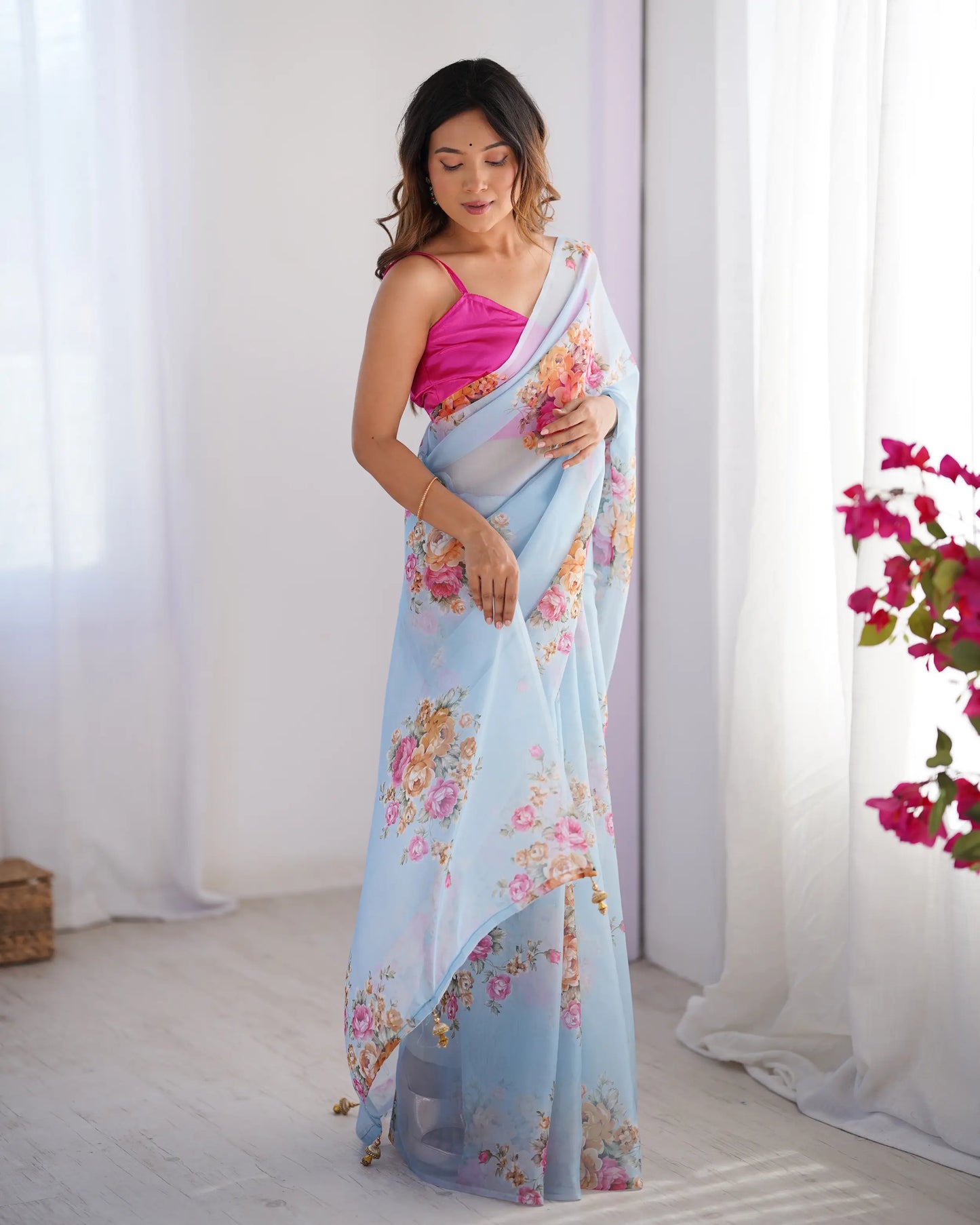 Sky Blue Floral Printed Organza Saree