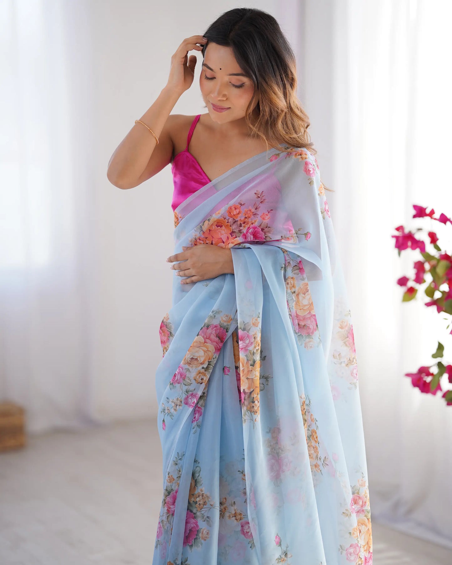 Sky Blue Floral Printed Organza Saree