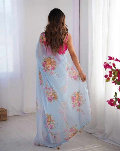 Sky Blue Floral Printed Organza Saree