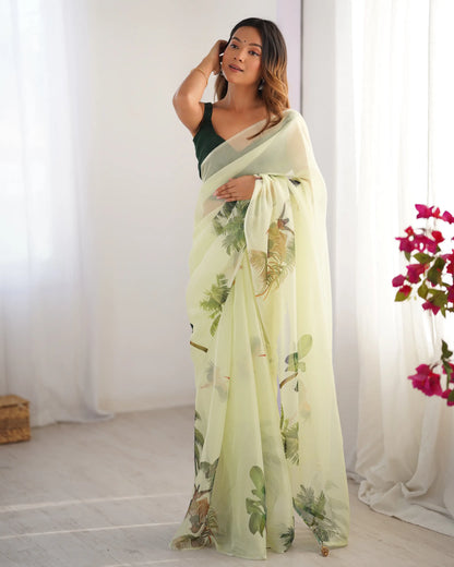 Pastel Green Digital Printed Organza Saree