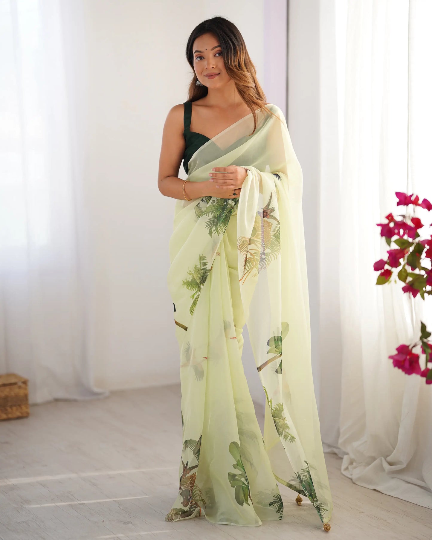 Pastel Green Digital Printed Organza Saree