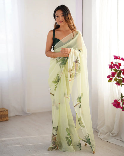 Pastel Green Digital Printed Organza Saree