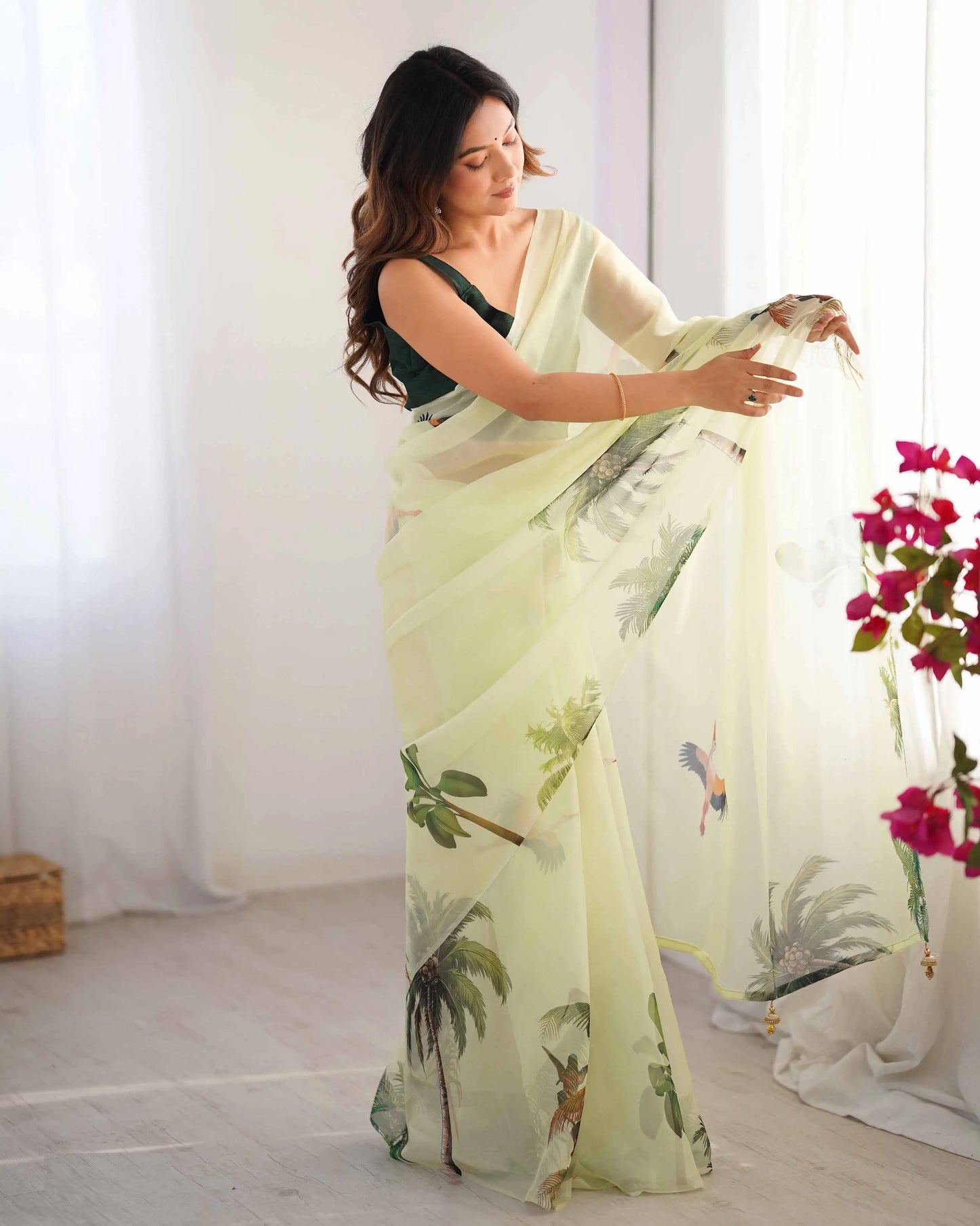 Pastel Green Digital Printed Organza Saree