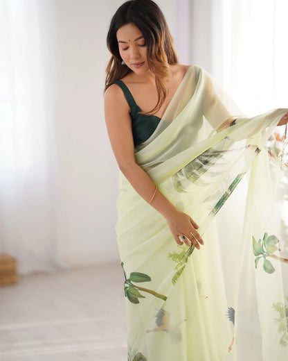 Pastel Green Digital Printed Organza Saree