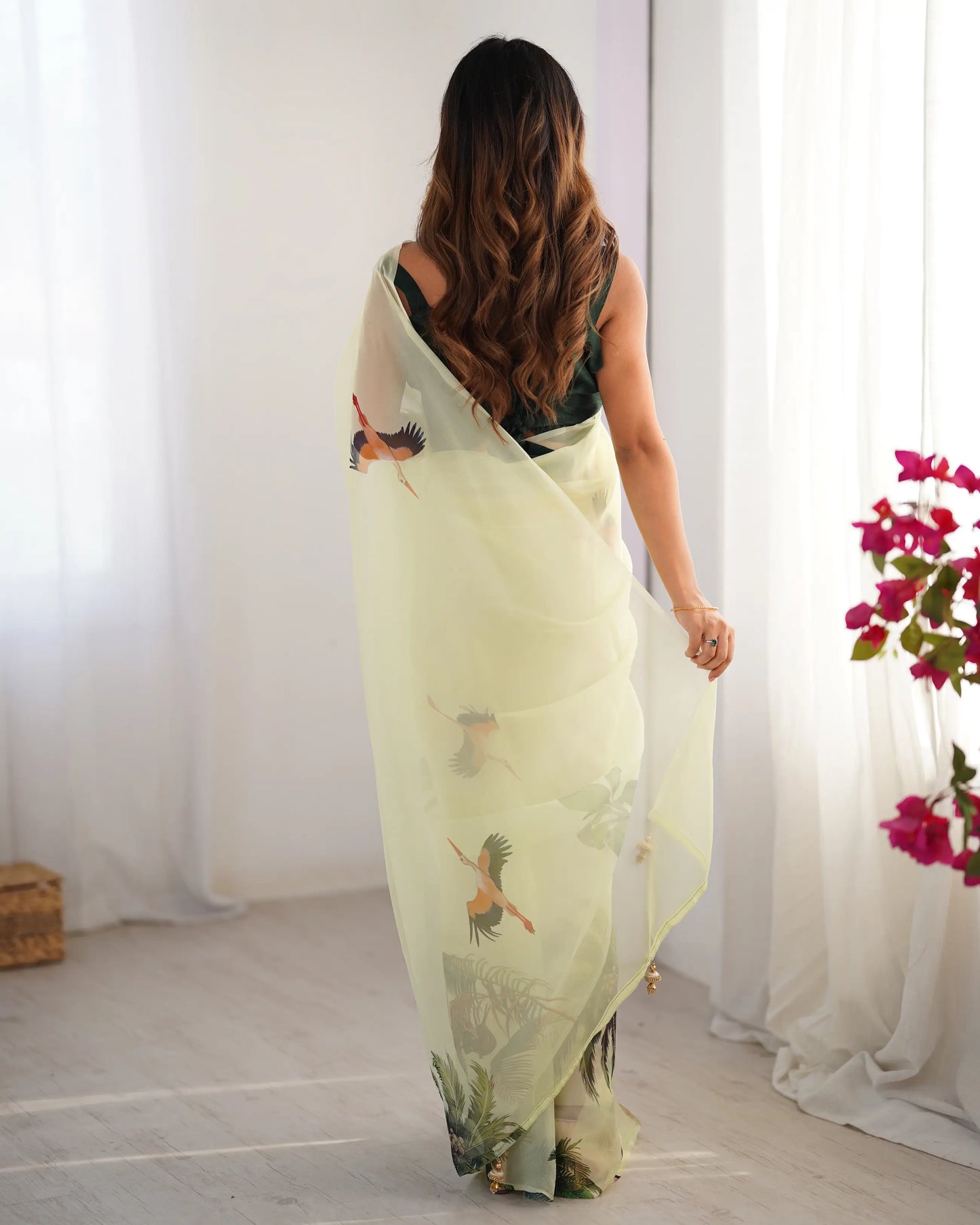 Pastel Green Digital Printed Organza Saree