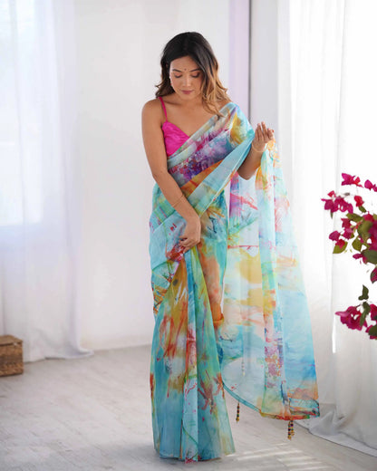 Multicolor Digital Printed Organza Saree