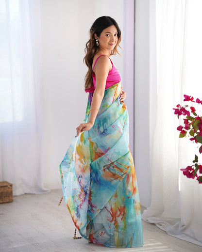 Multicolor Digital Printed Organza Saree