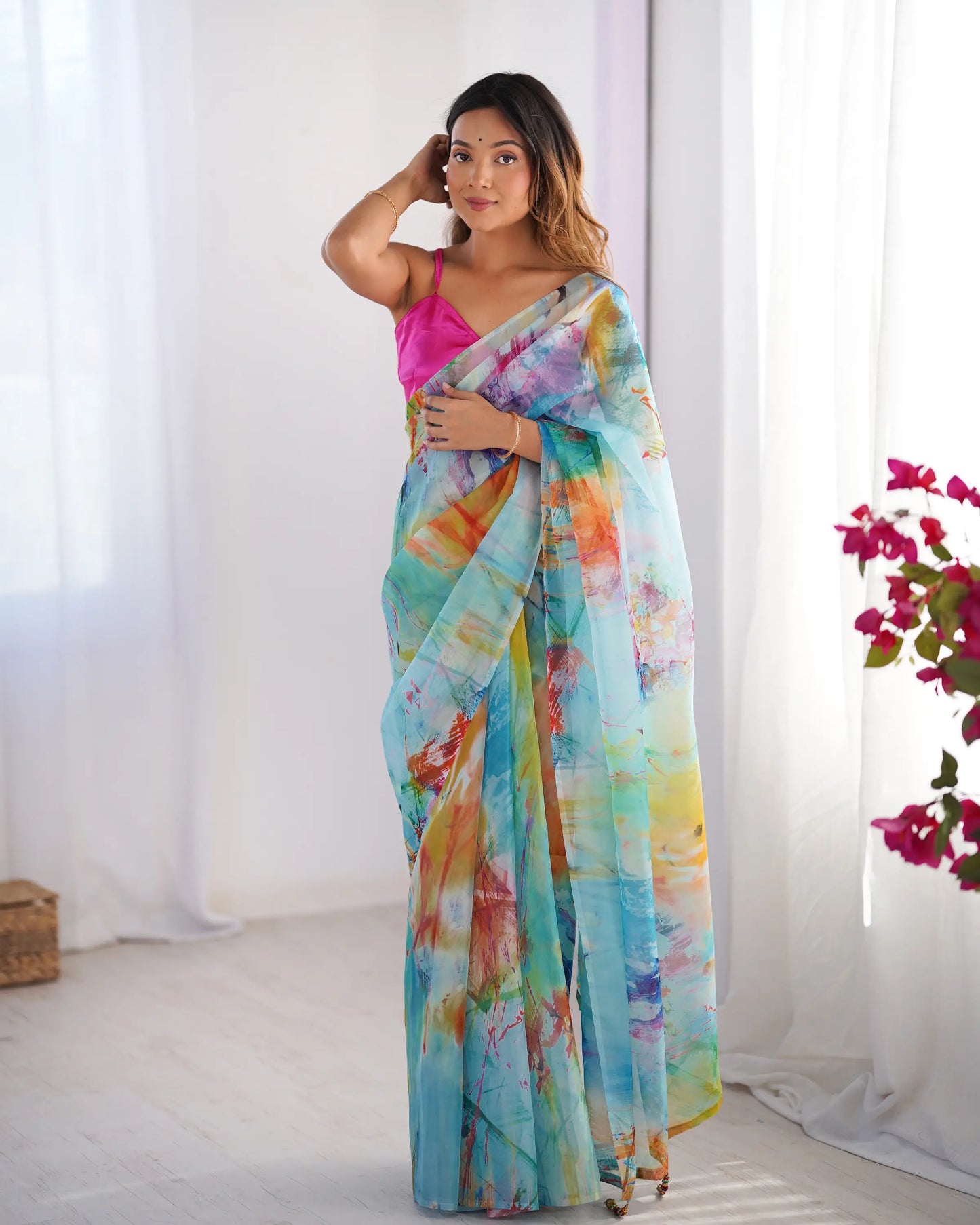 Multicolor Digital Printed Organza Saree