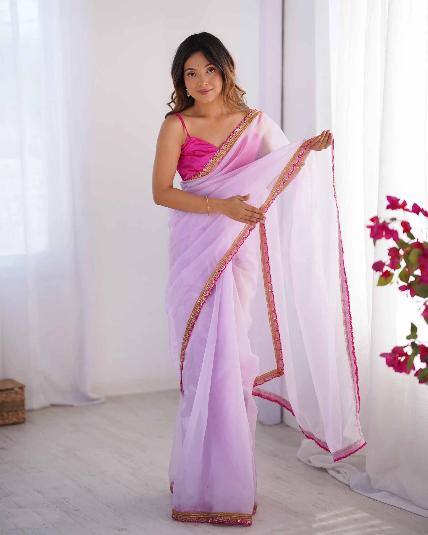 Lavender Twill Net Saree With Lace Border
