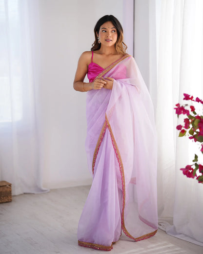 Lavender Twill Net Saree With Lace Border