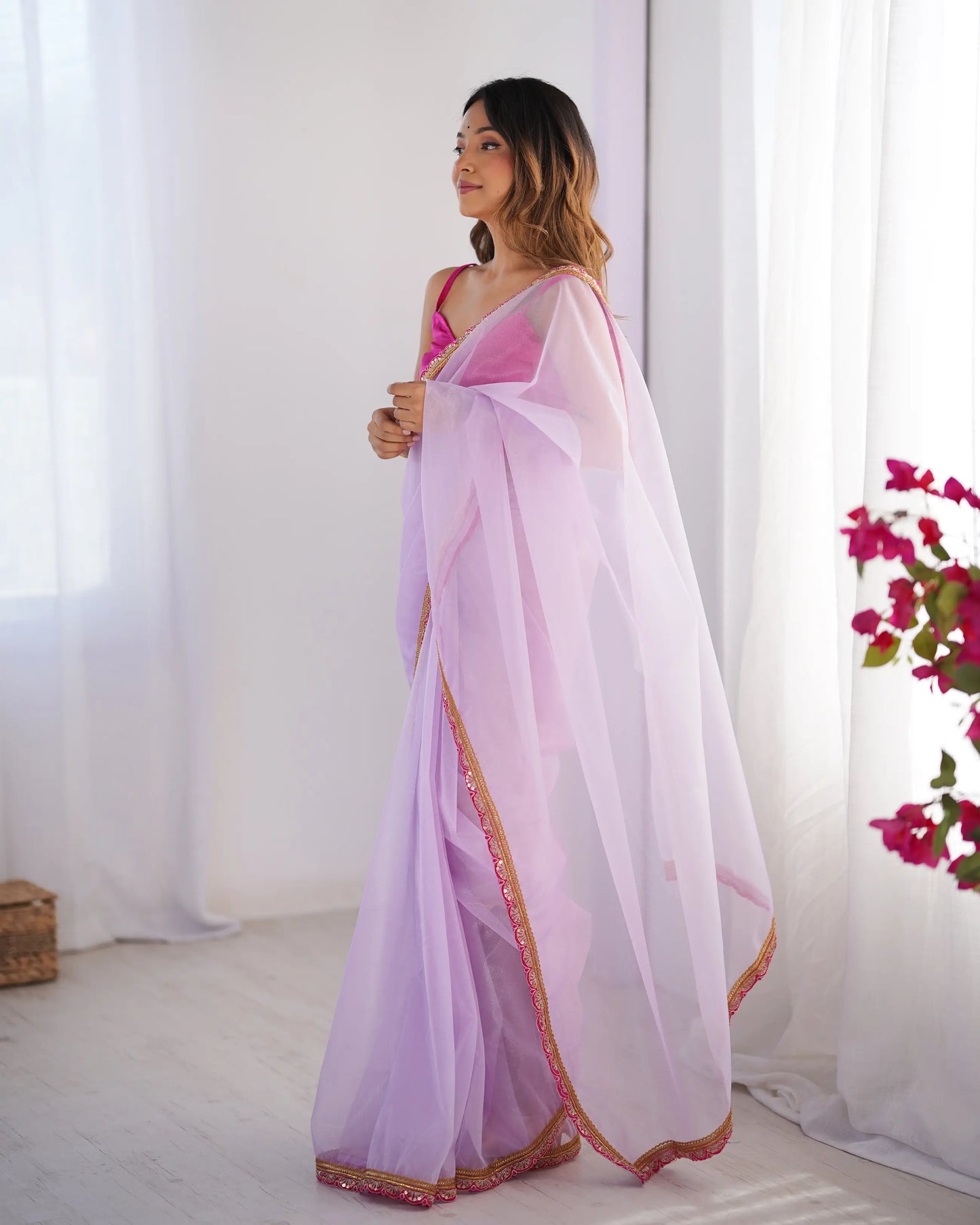 Lavender Twill Net Saree With Lace Border