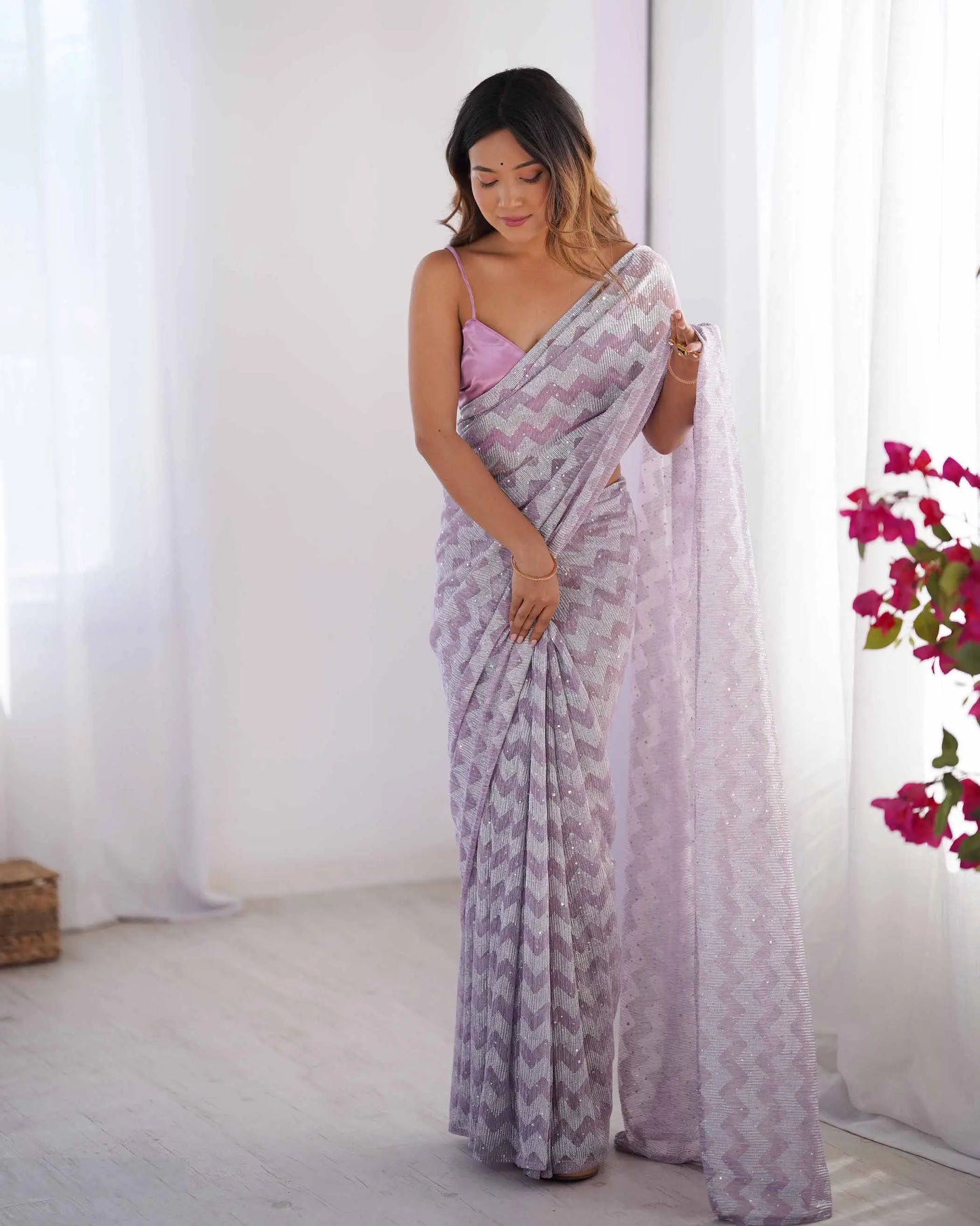 Dusty Pink Designer Woven Knitted Saree