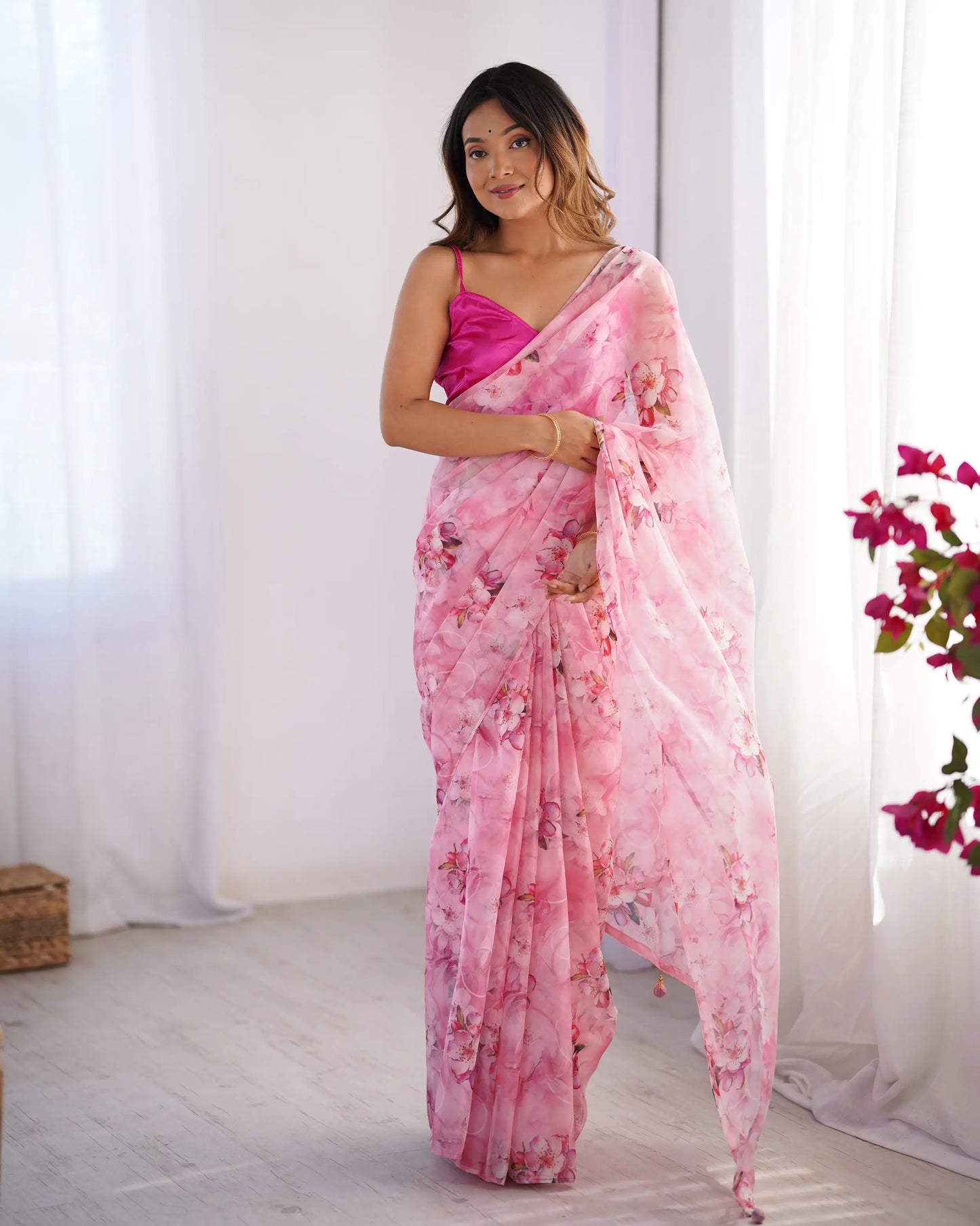 Rosy Pink Floral Printed Organza Saree