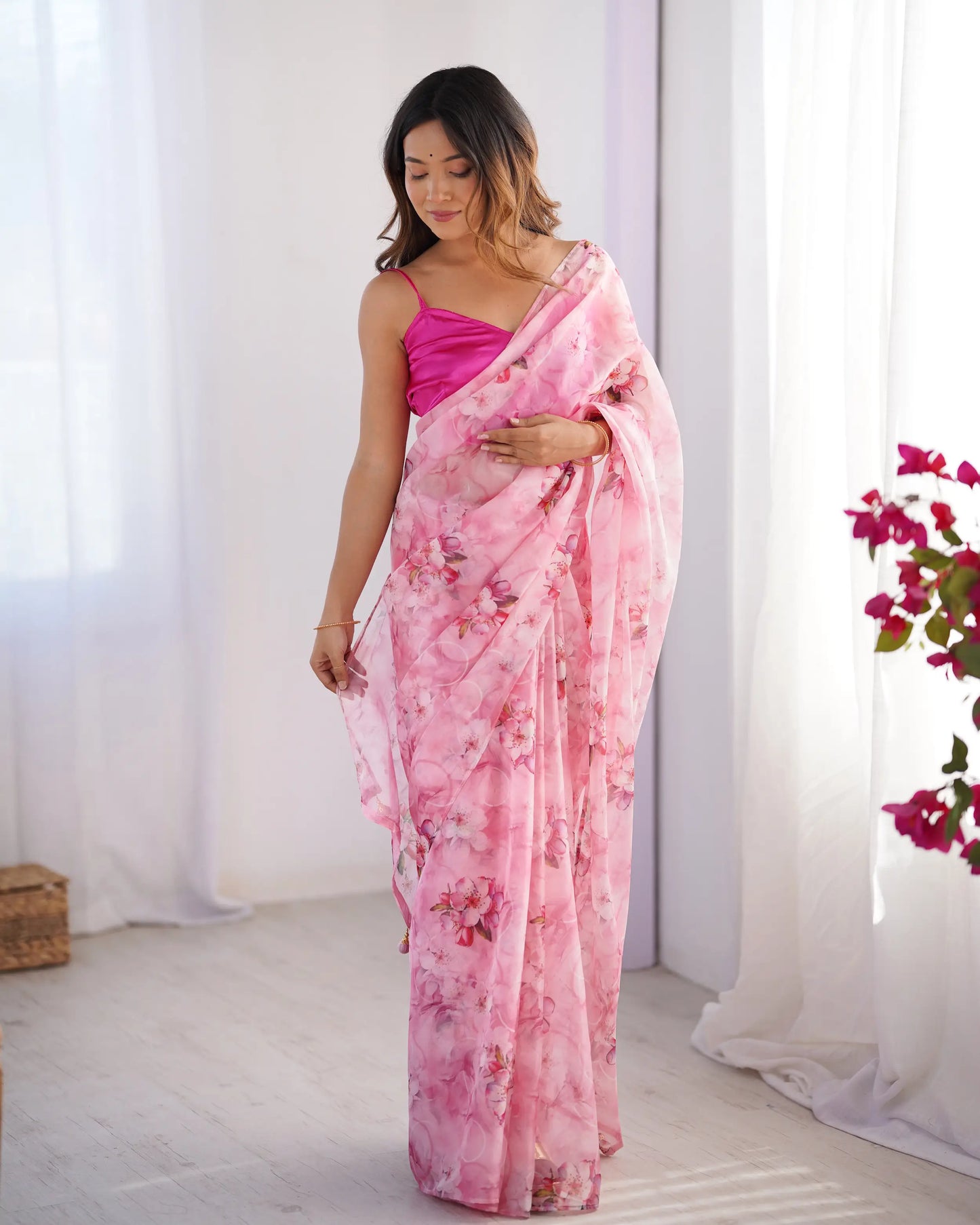 Rosy Pink Floral Printed Organza Saree