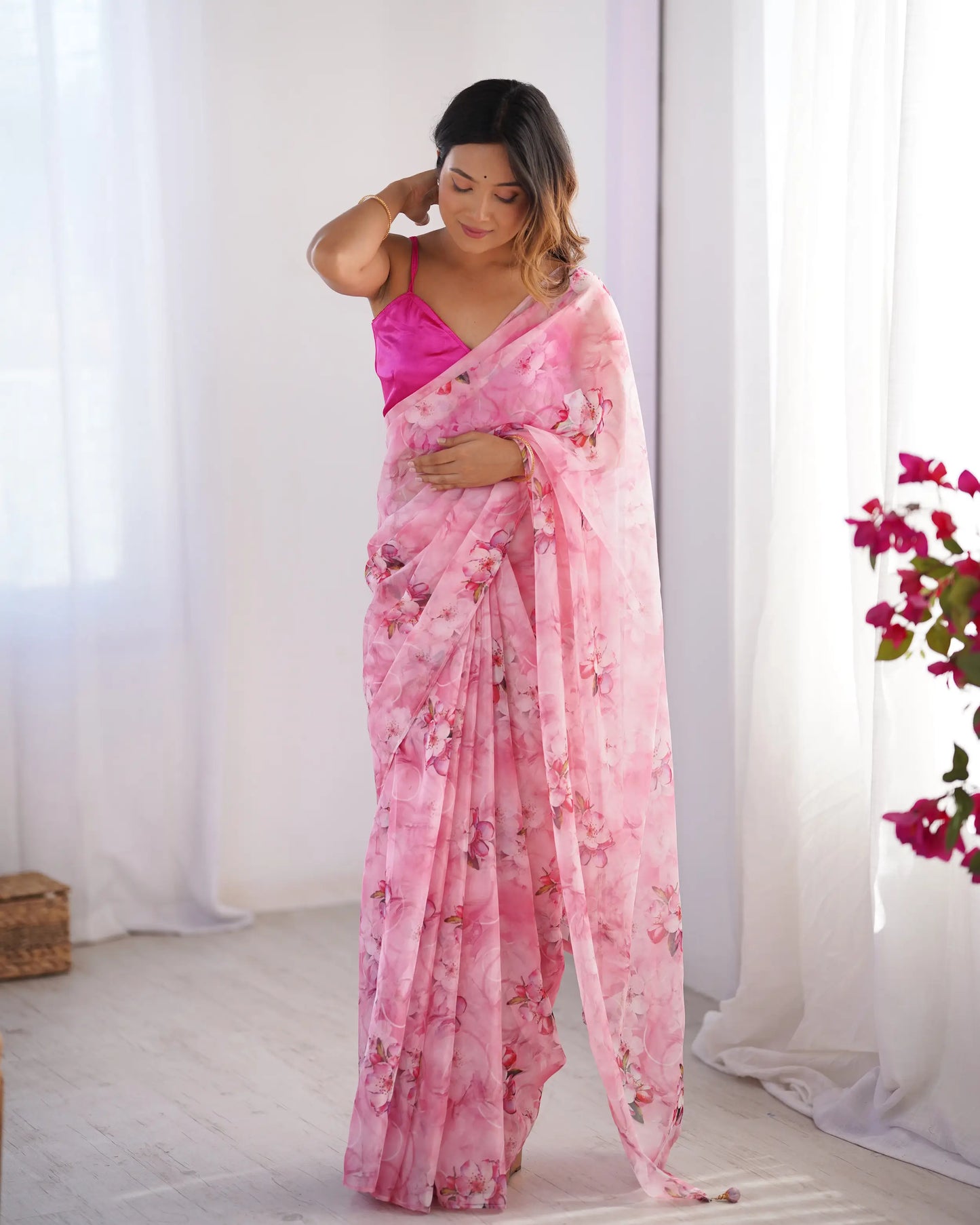 Rosy Pink Floral Printed Organza Saree