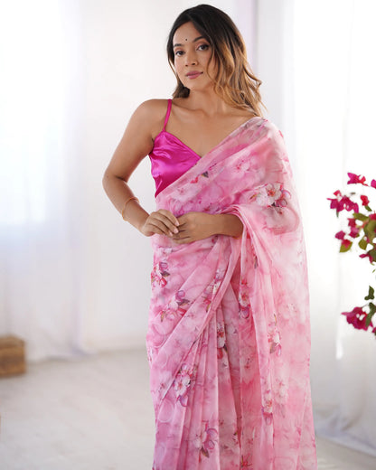 Rosy Pink Floral Printed Organza Saree