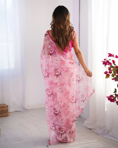 Rosy Pink Floral Printed Organza Saree