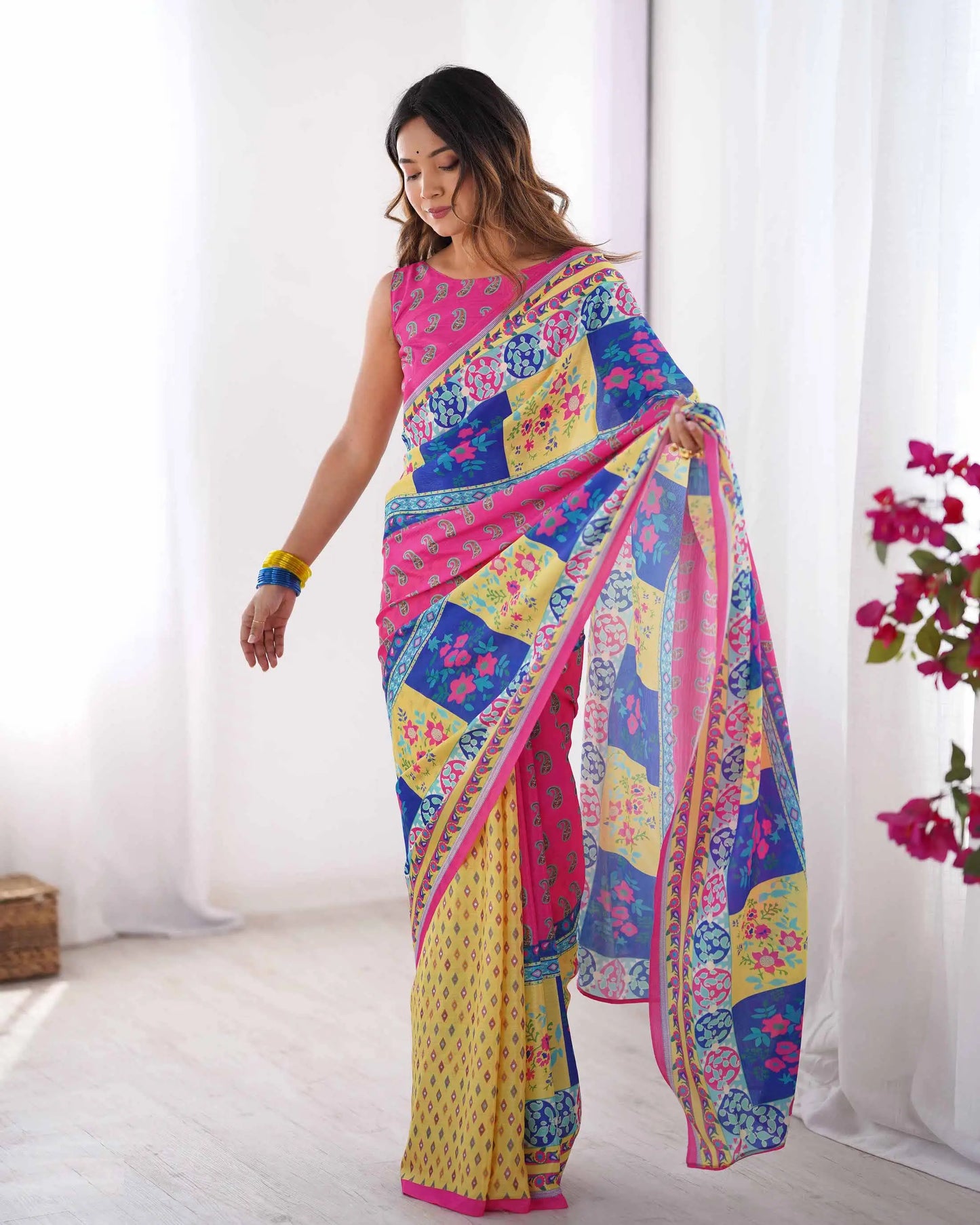 Yellow Multicolor Digital Printed Organza Saree