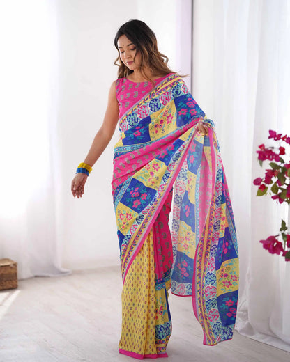 Yellow Multicolor Digital Printed Organza Saree