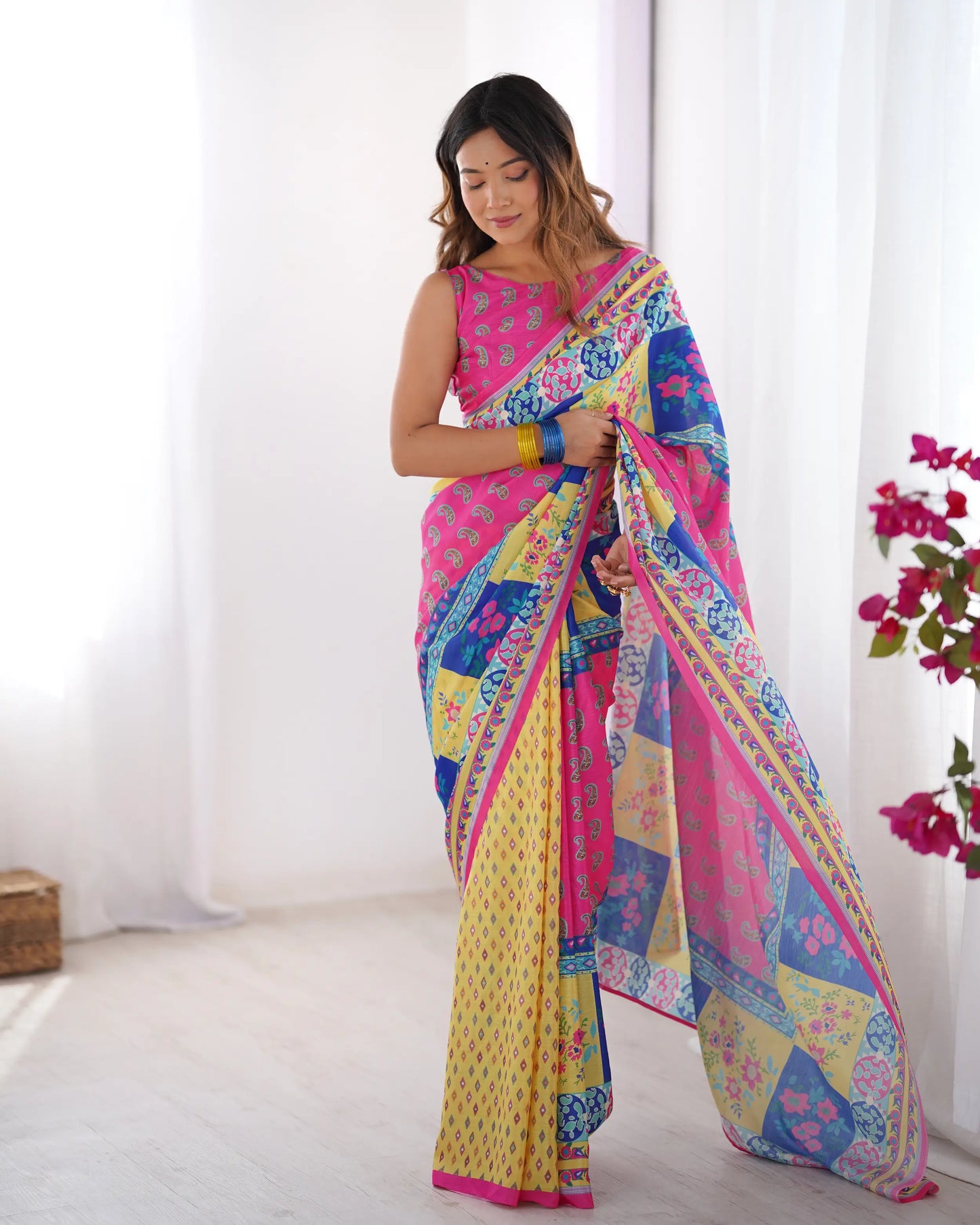 Yellow Multicolor Digital Printed Organza Saree