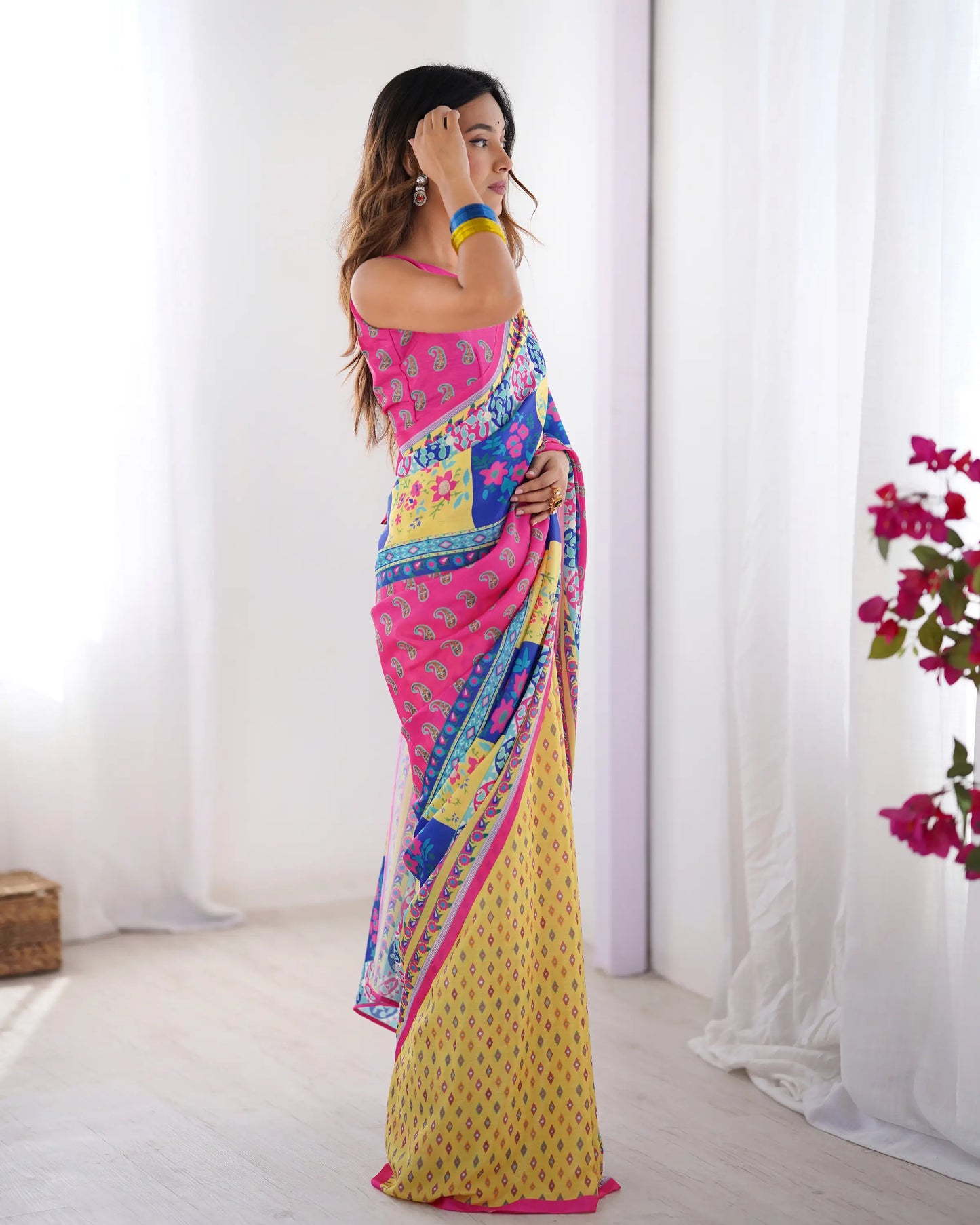 Yellow Multicolor Digital Printed Organza Saree