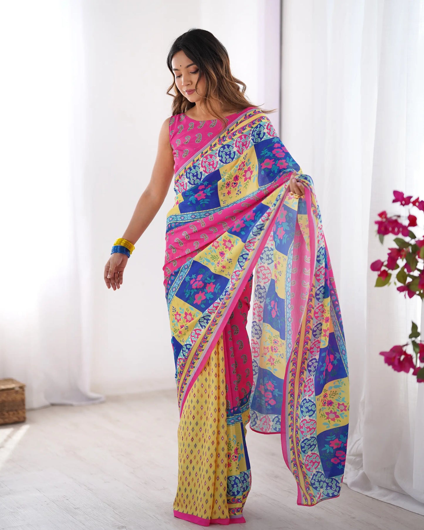 Yellow Multicolor Digital Printed Organza Saree