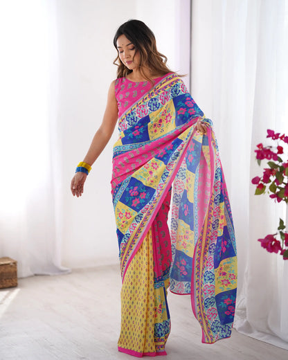 Yellow Multicolor Digital Printed Organza Saree