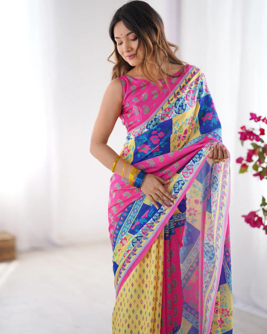 Yellow Multicolor Digital Printed Organza Saree