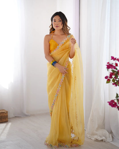 Golden Yellow Jimmy Choo Saree With Lace Border