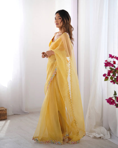 Golden Yellow Jimmy Choo Saree With Lace Border