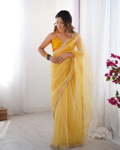 Golden Yellow Jimmy Choo Saree With Lace Border