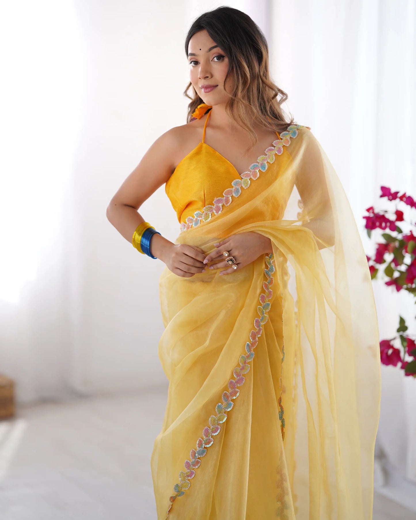 Golden Yellow Jimmy Choo Saree With Lace Border