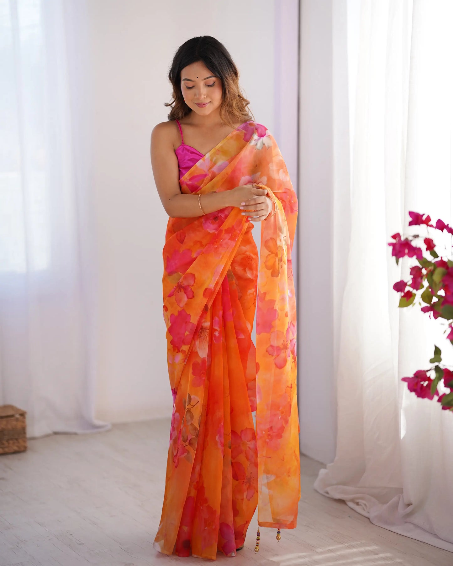 Orange Floral Printed Organza Saree