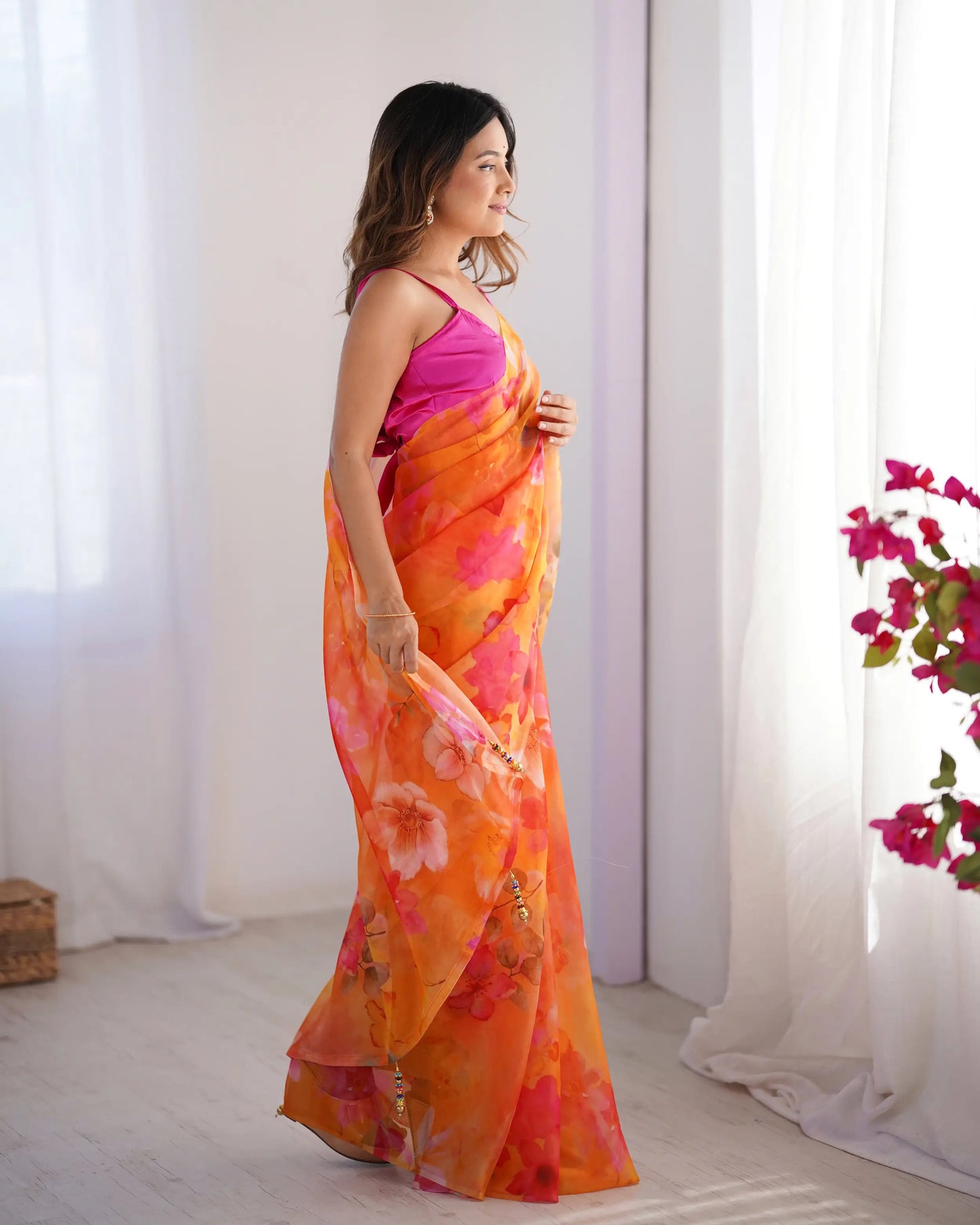 Orange Floral Printed Organza Saree