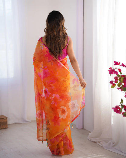 Orange Floral Printed Organza Saree
