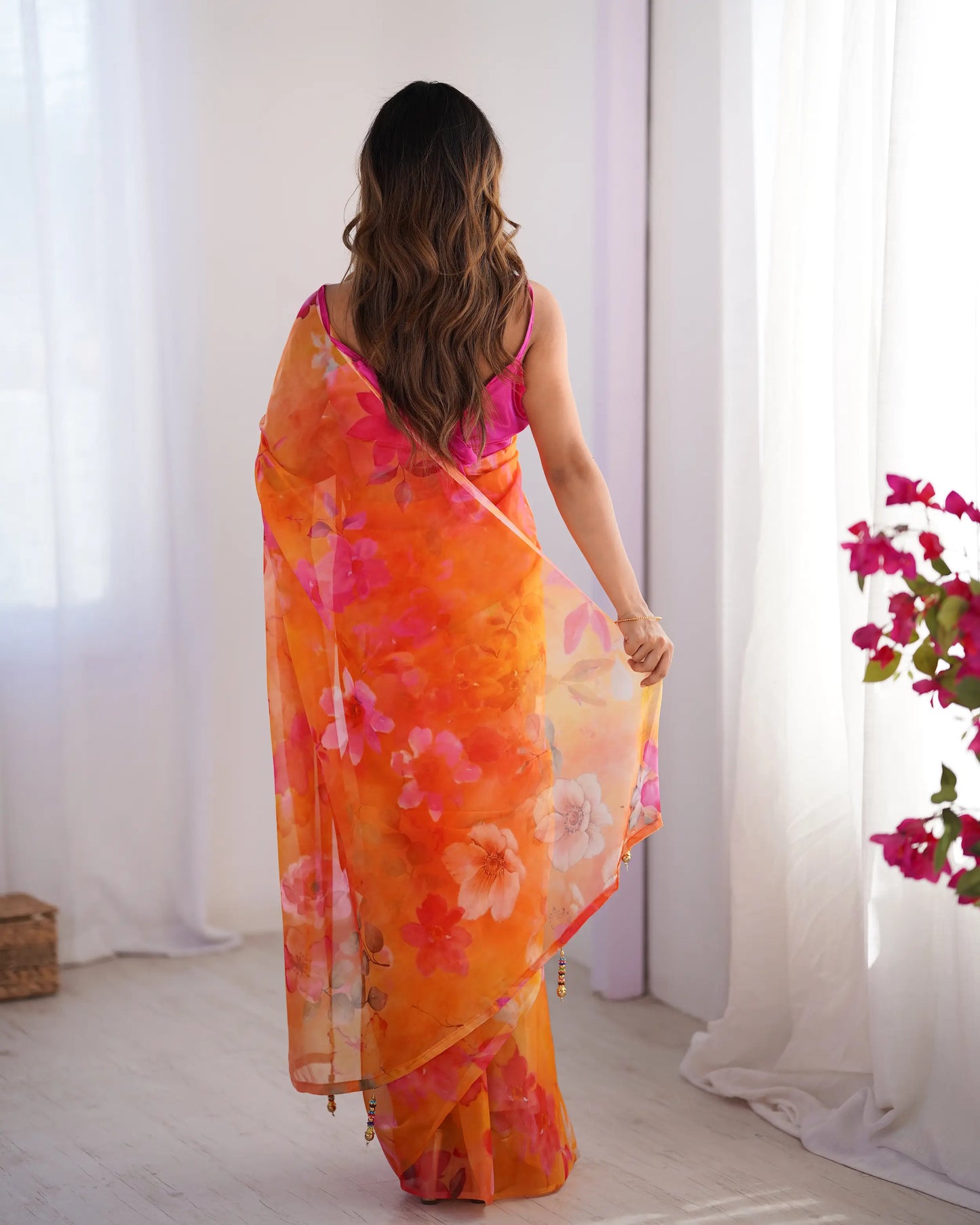 Orange Floral Printed Organza Saree