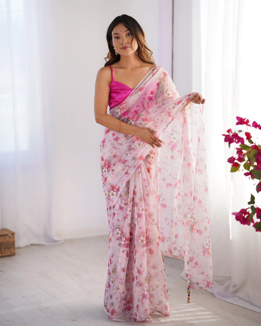 Greyish Pink Floral Printed Organza Saree