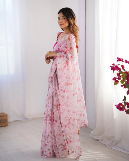 Greyish Pink Floral Printed Organza Saree