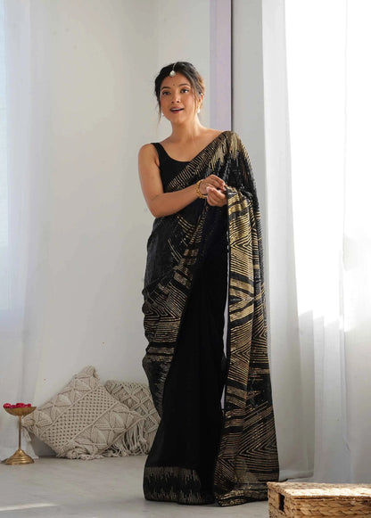 Black Georgette Sequins Embroidery Work Designer Saree
