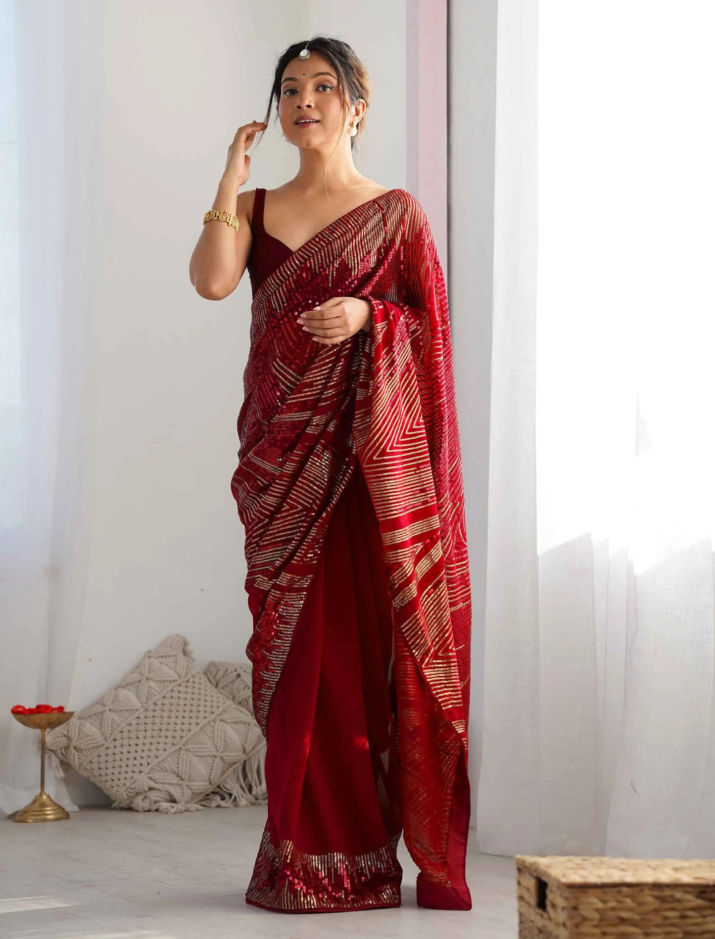 Stylish Red Georgette Sequins Embroidery Work Saree