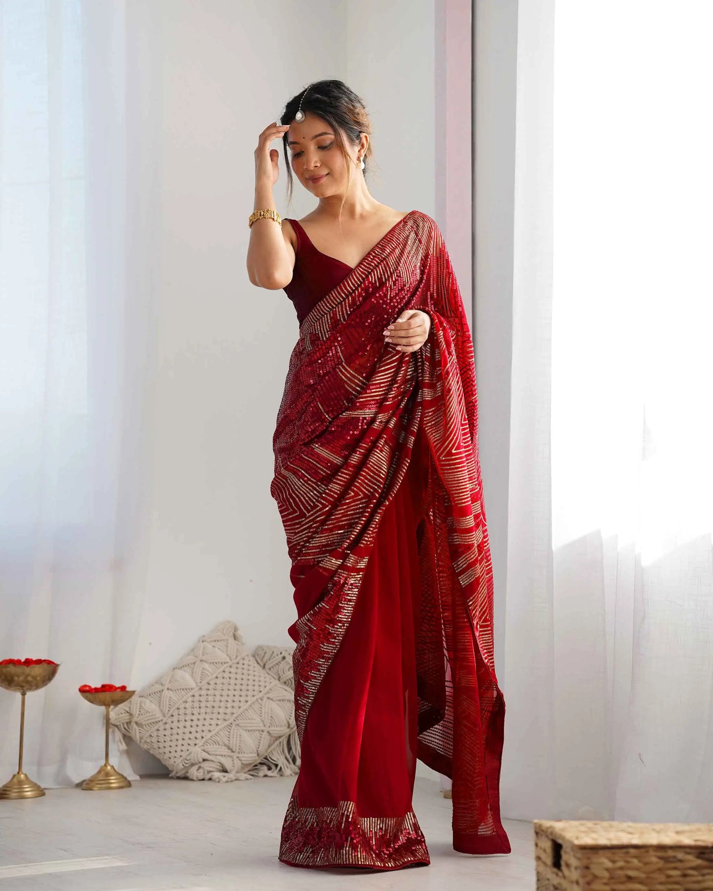 Stylish Red Georgette Sequins Embroidery Work Saree