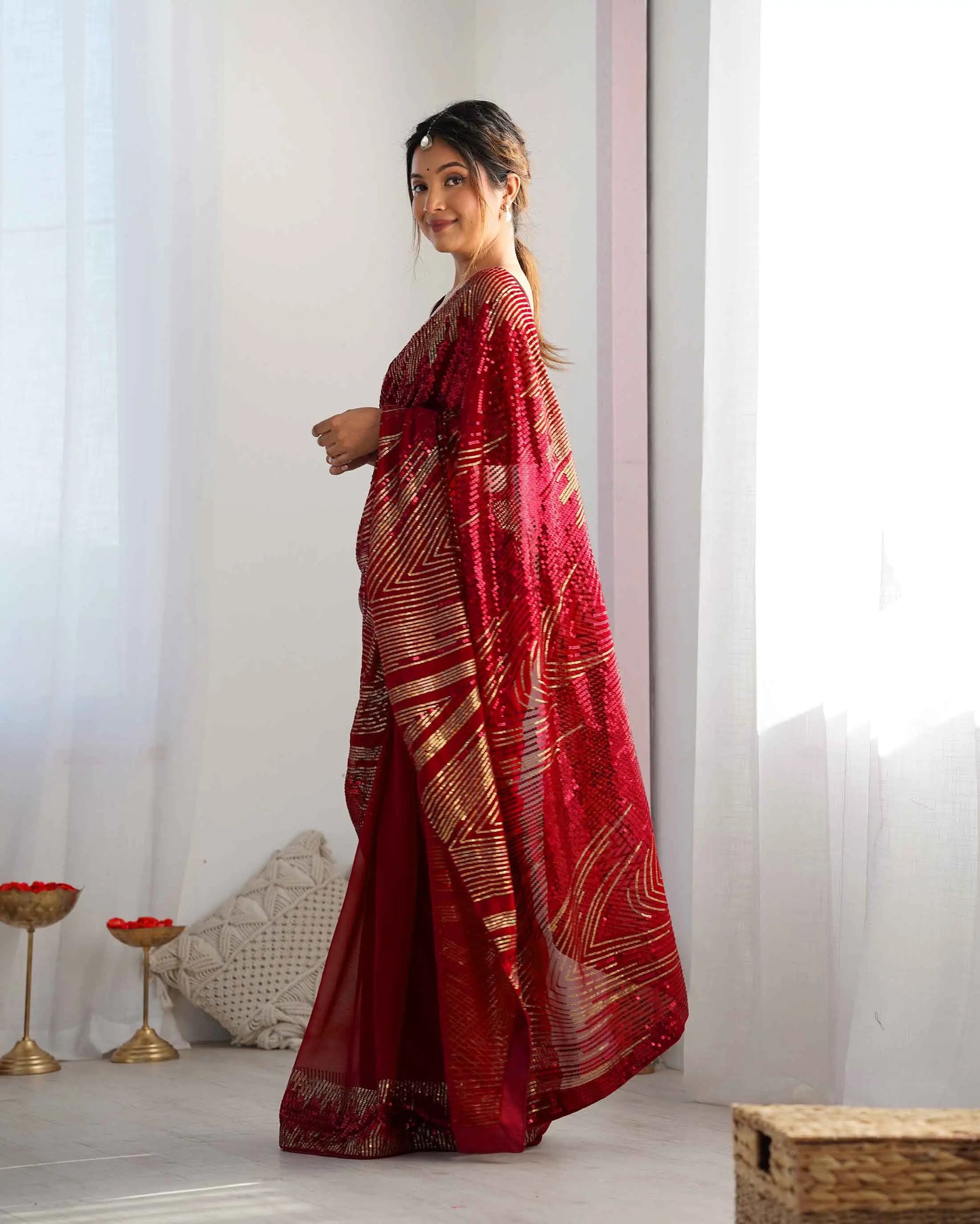 Stylish Red Georgette Sequins Embroidery Work Saree