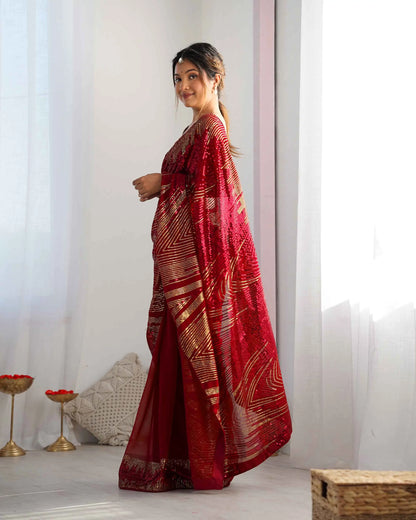 Stylish Red Georgette Sequins Embroidery Work Saree