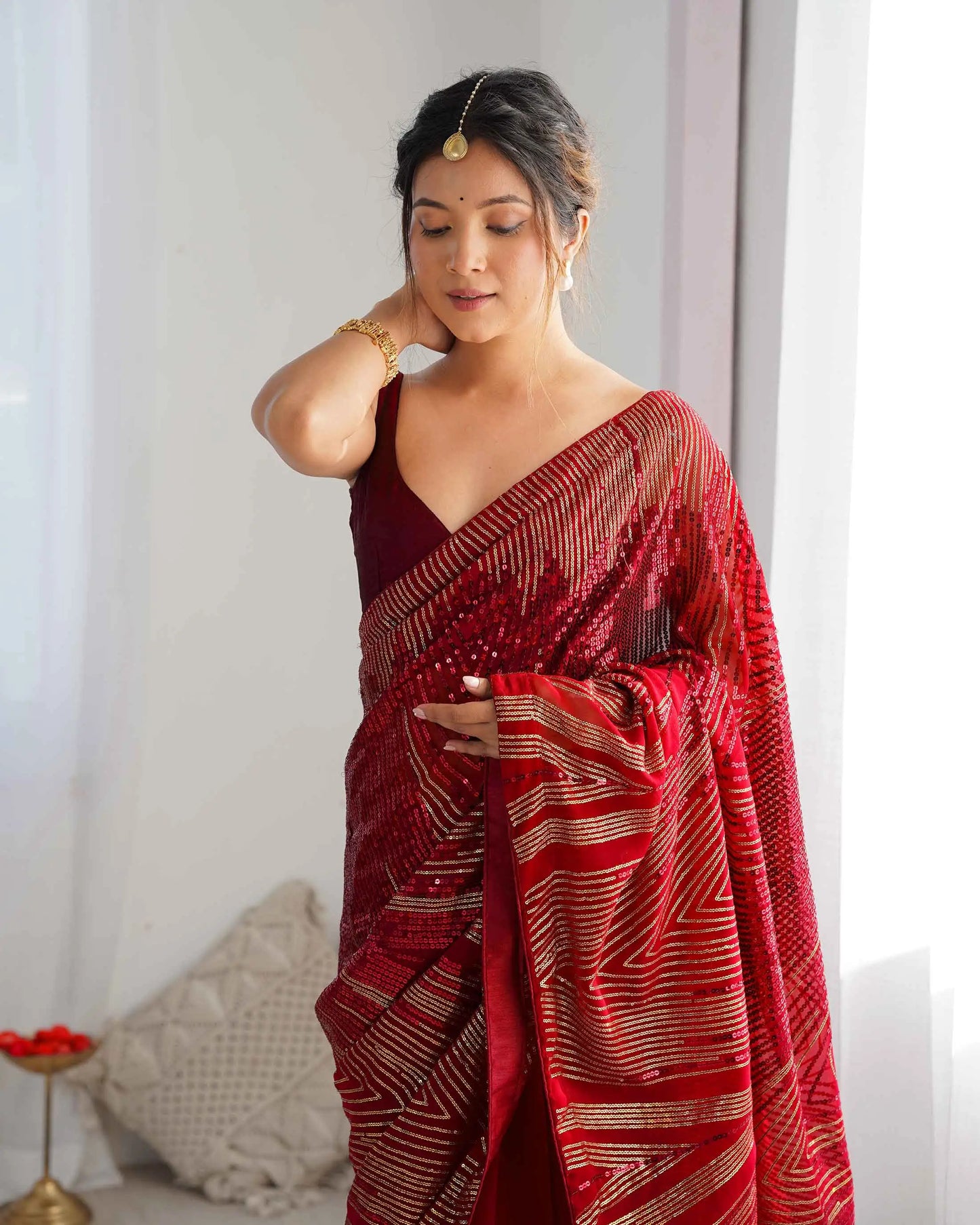 Stylish Red Georgette Sequins Embroidery Work Saree