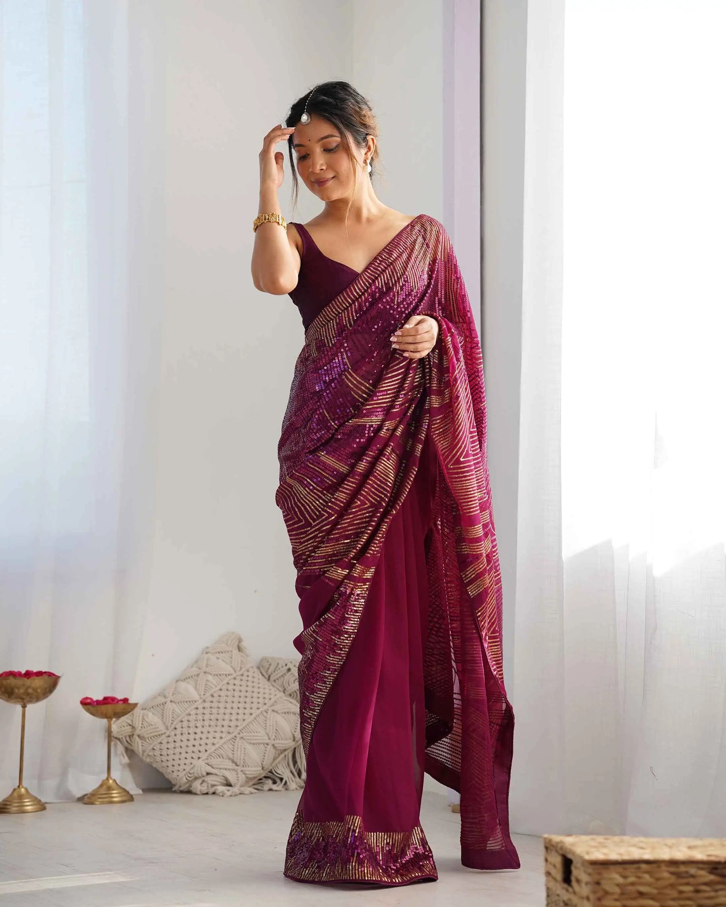 Designer Wine Georgette Sequins Embroidery Work Saree