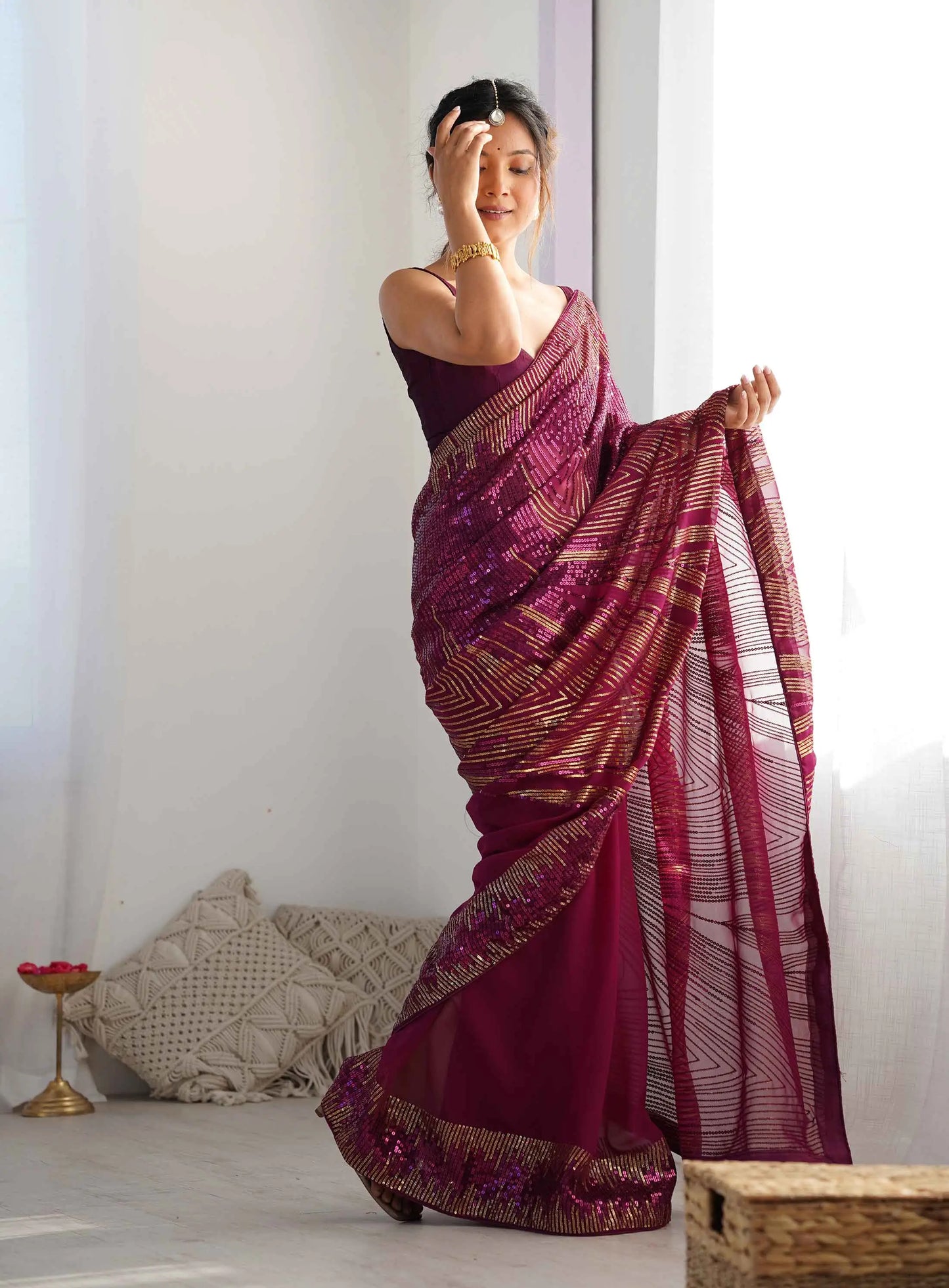 Designer Wine Georgette Sequins Embroidery Work Saree