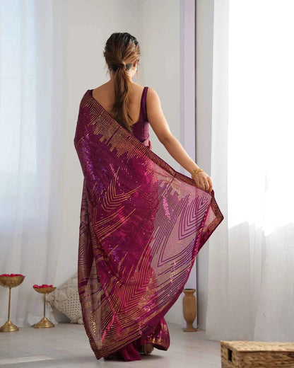 Designer Wine Georgette Sequins Embroidery Work Saree